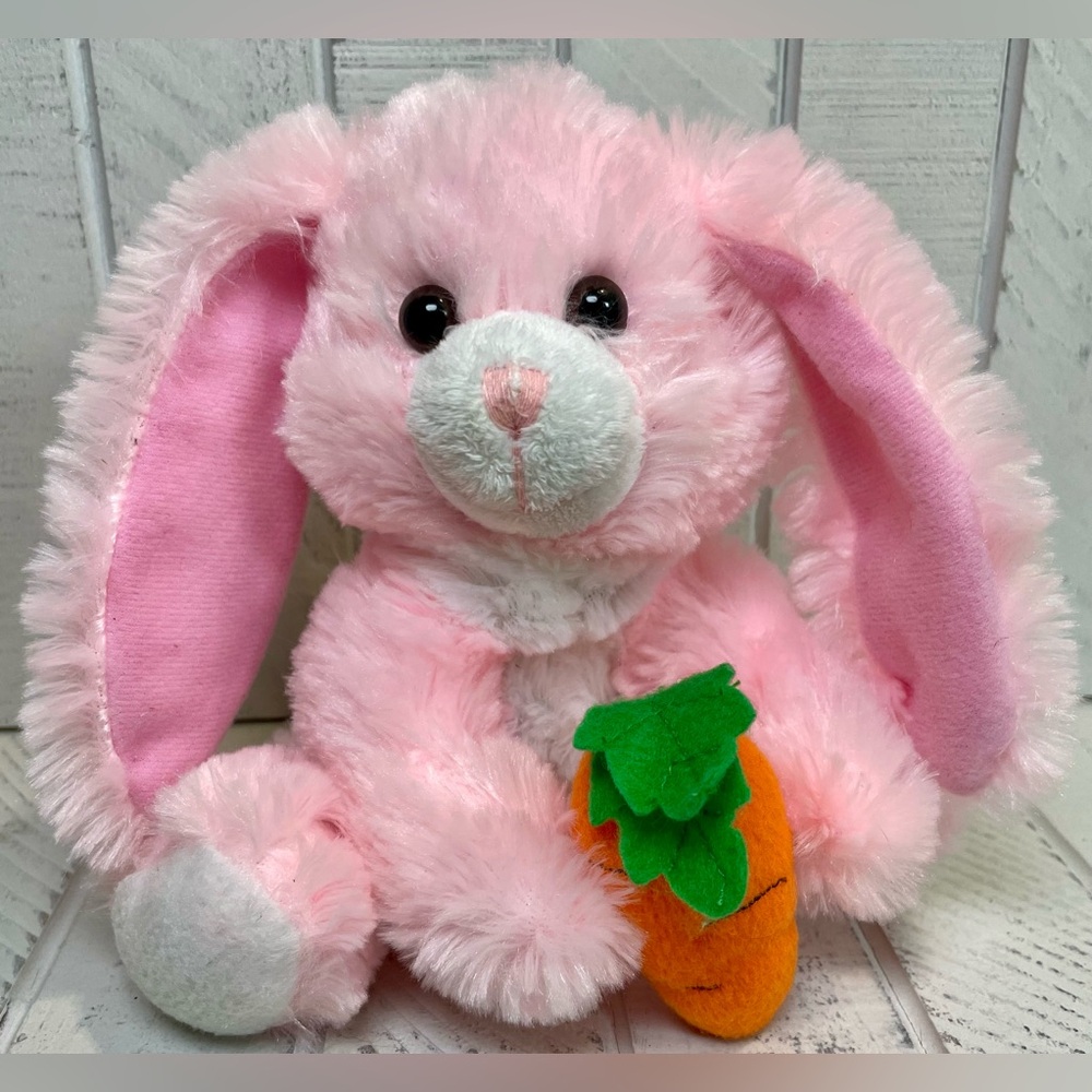 Beverly Hills Teddy Bear Company Pink Easter Bunny Plush W/Carrot 9” Stuffed Toy